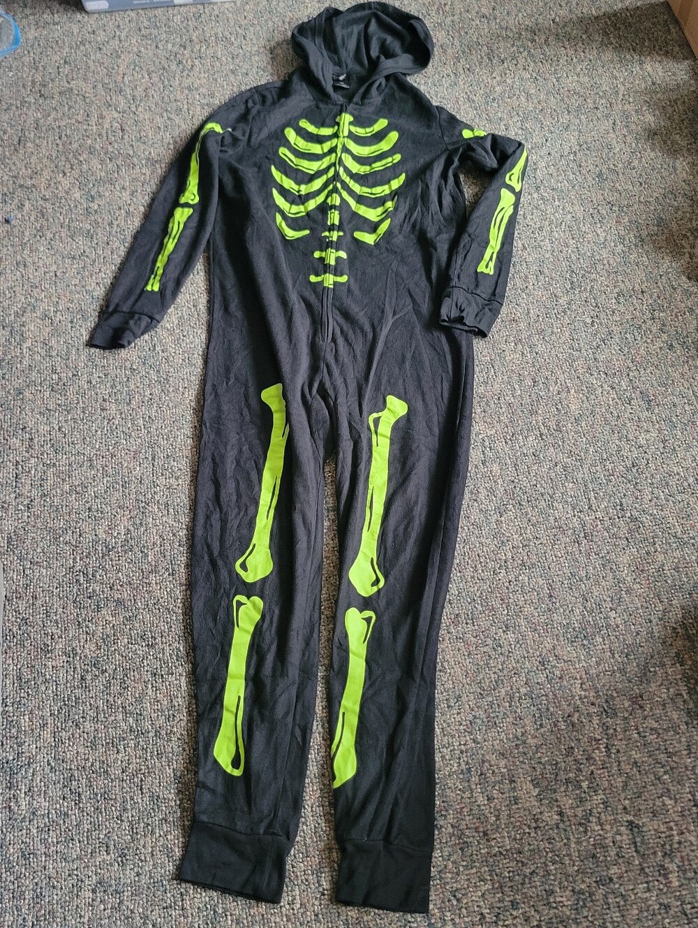 Men's Black Hooded Skeleton One-Piece Bodysuit with Neon Green Bones